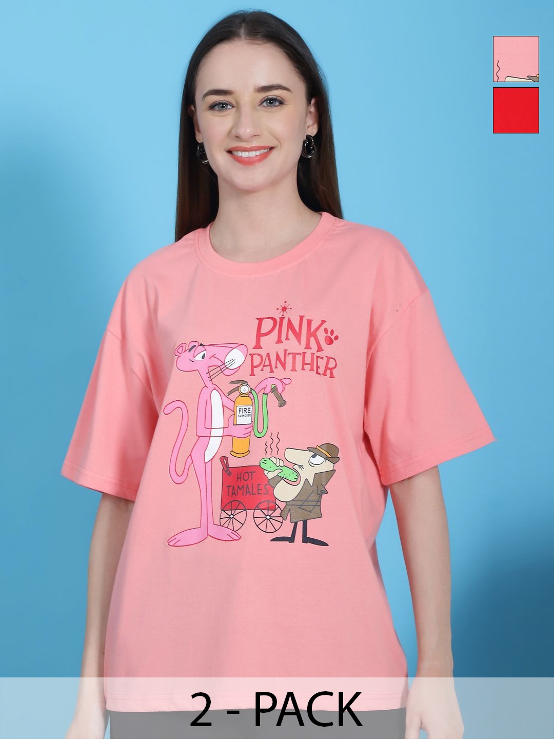 

Dreambe Women Pack Of 2 Graphic Printed Round Neck Cotton Oversized T-shirts, Pink