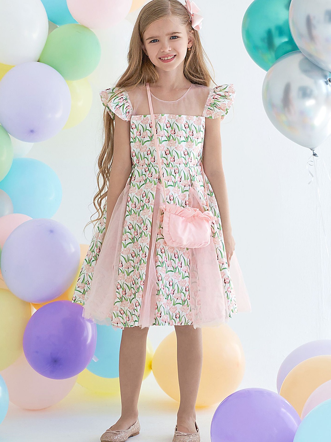 

LULU & SKY Girls Floral Print Flutter Sleeve Fit & Flare Dress, Pink