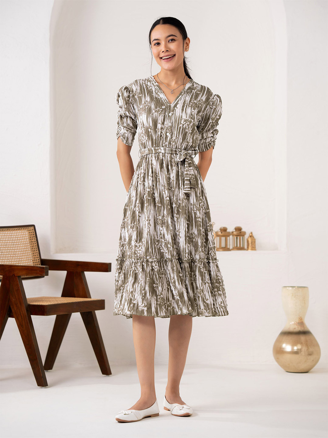 

DressBerry Floral Print Puff Sleeve Crepe Fit & Flare Dress, Green