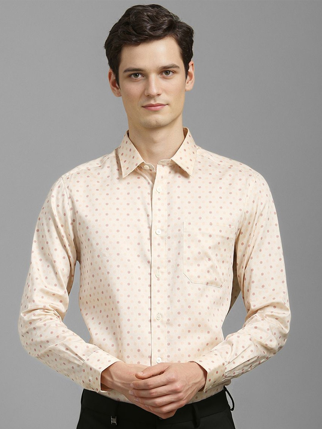 

Louis Philippe Men Classic Slim Fit Spread Collar Floral Printed Cotton Formal Shirt, Beige