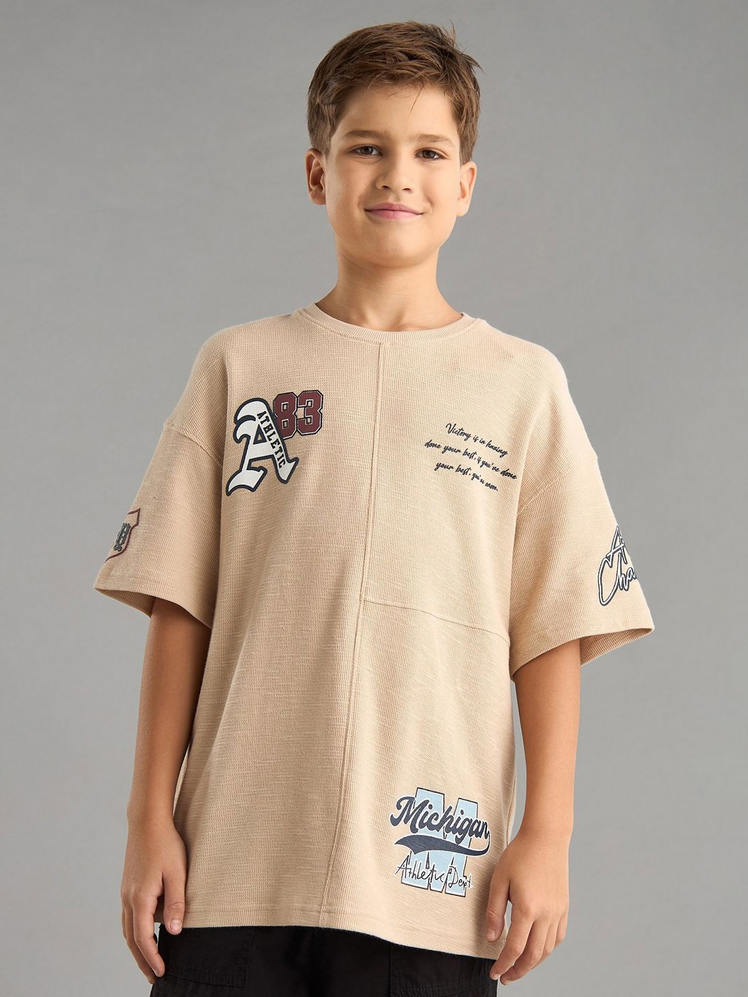 

max Boys Typography Printed Round Neck Cotton Oversized T-shirt, Beige