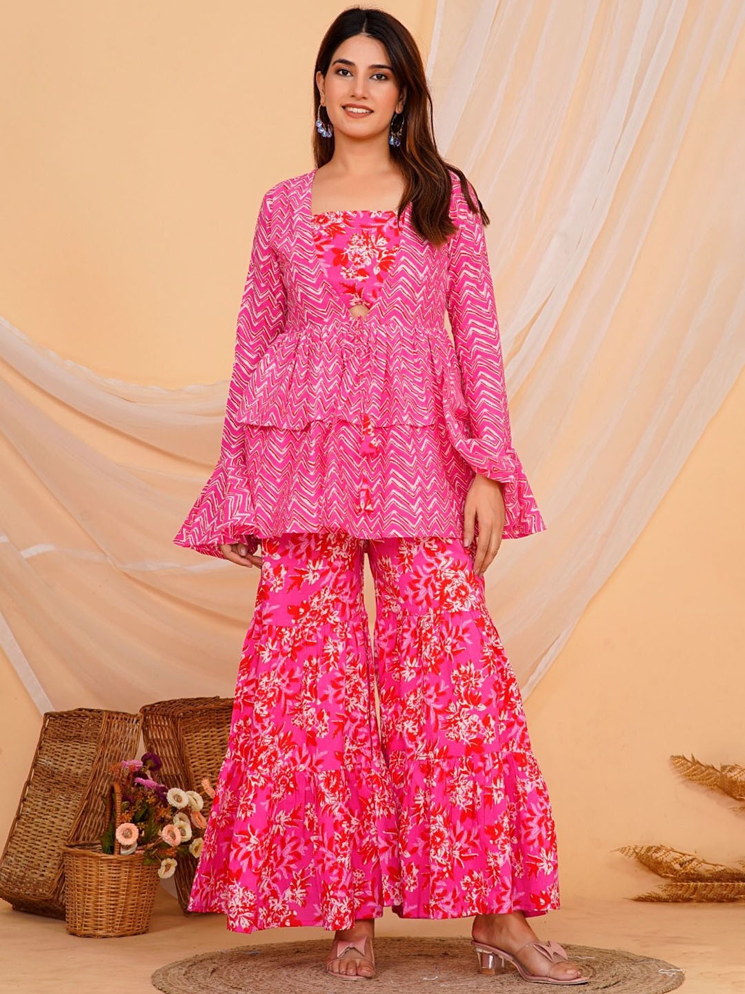 

JAGNA Floral Printed Shoulder Straps Pure Cotton Top & Palazzos With Shrug, Pink