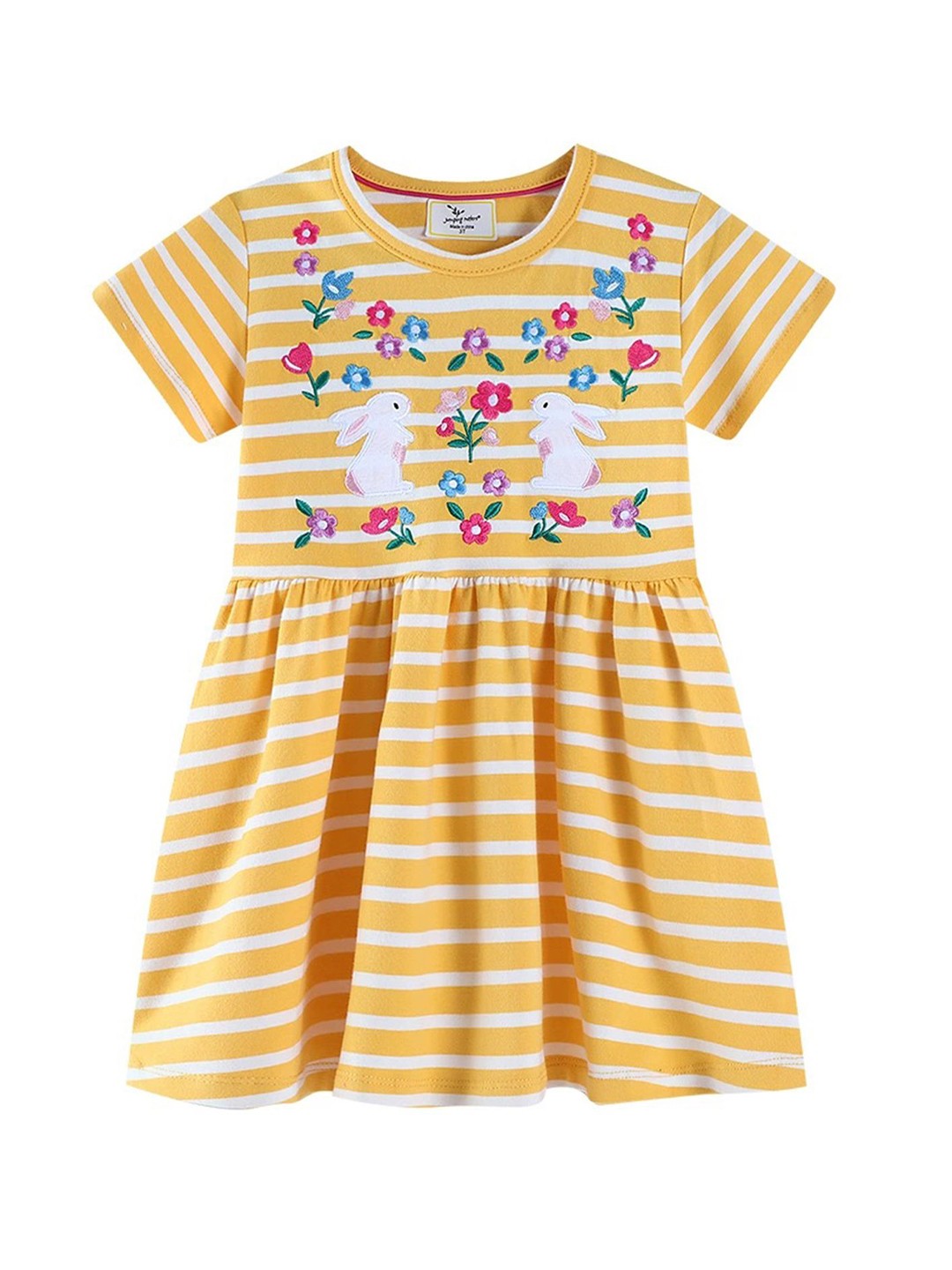 

LULU & SKY Girl Striped Embroidered Round Neck Short Sleeves Knee Length Dress, Yellow
