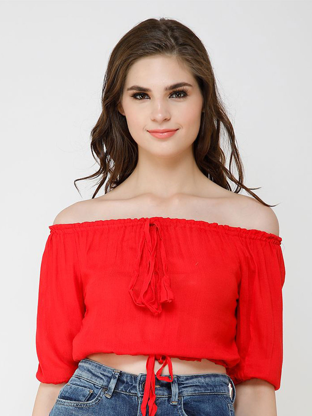 

Moda Rapido Women Off-Shoulder Puff Sleeves Bardot Crop Top, Red