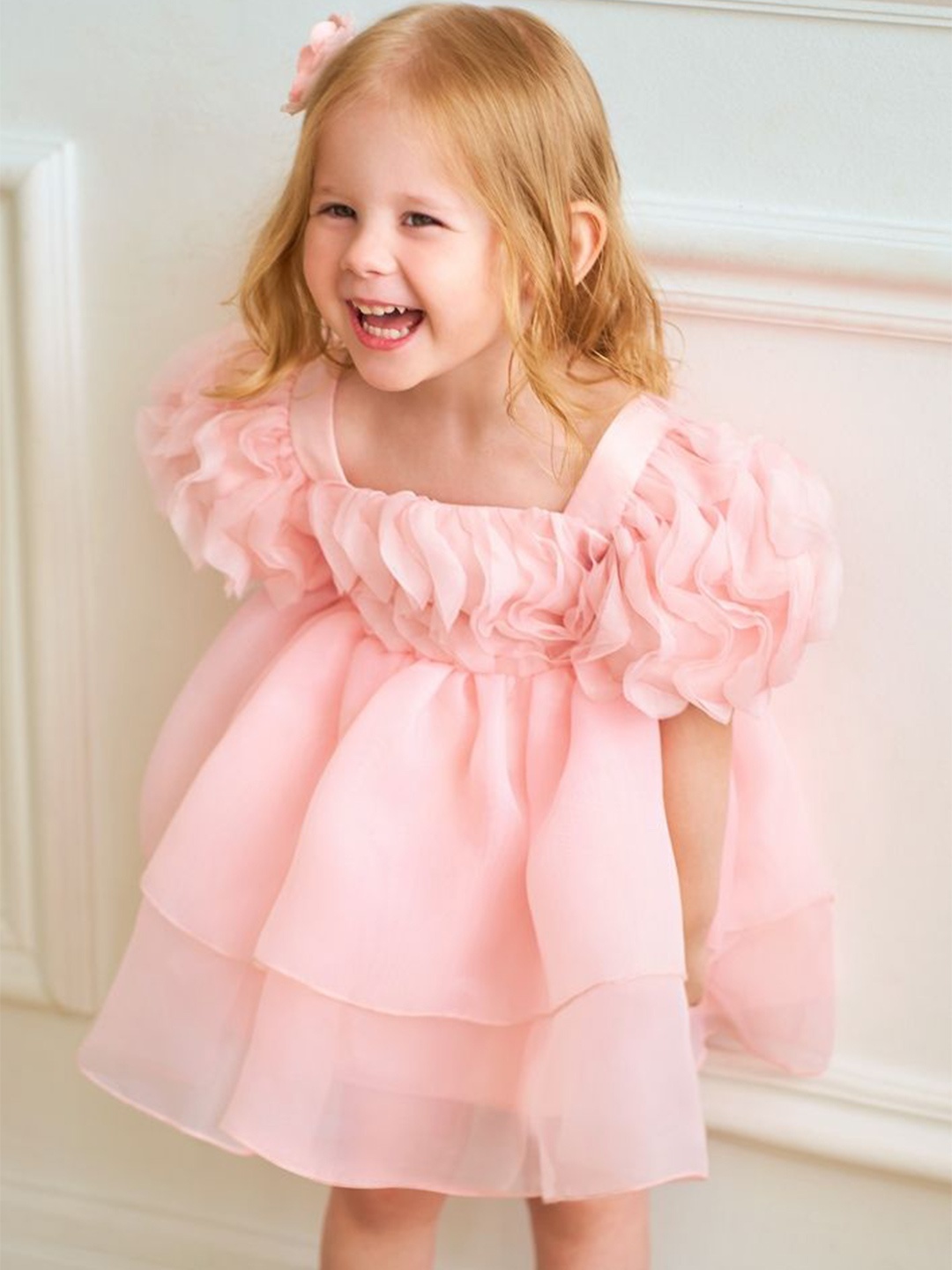 

LULU & SKY Girl Square Neck Puff Sleeve Fit and Flare Above Knee Dress, Pink