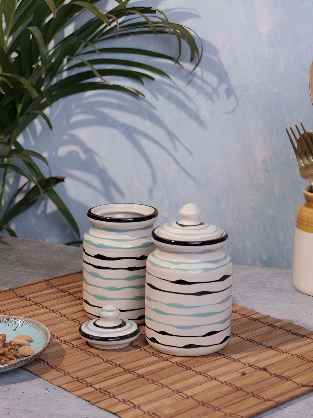 

Myntra Elegant Homes Off White & Green 2 Pieces Striped Ceramic Jar Containers 600ml