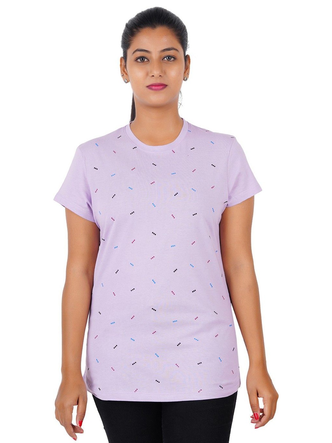 

GUIDE Women Geometric Printed Round Neck Cotton T-shirt, Purple