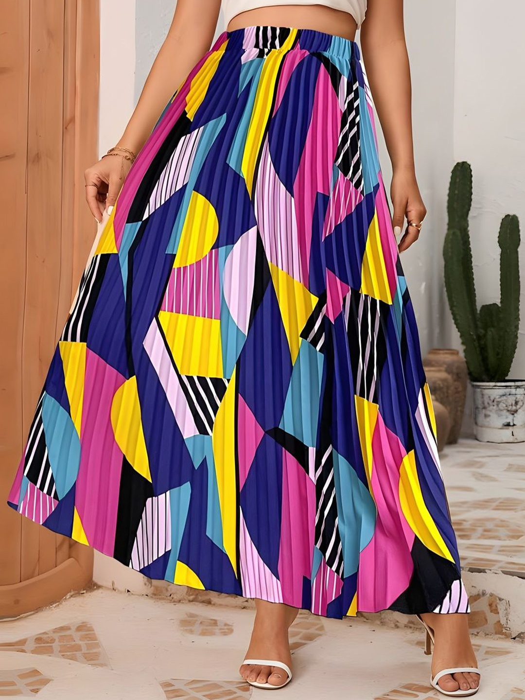 

ZWERLON Women Abstract Printed Flared Maxi Skirt, Blue