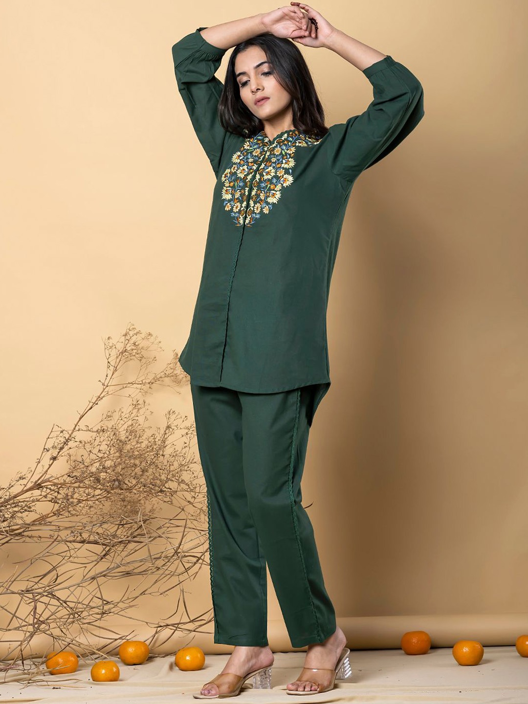 

Readiprint Floral Embroidered V-Neck Top With Trousers, Green