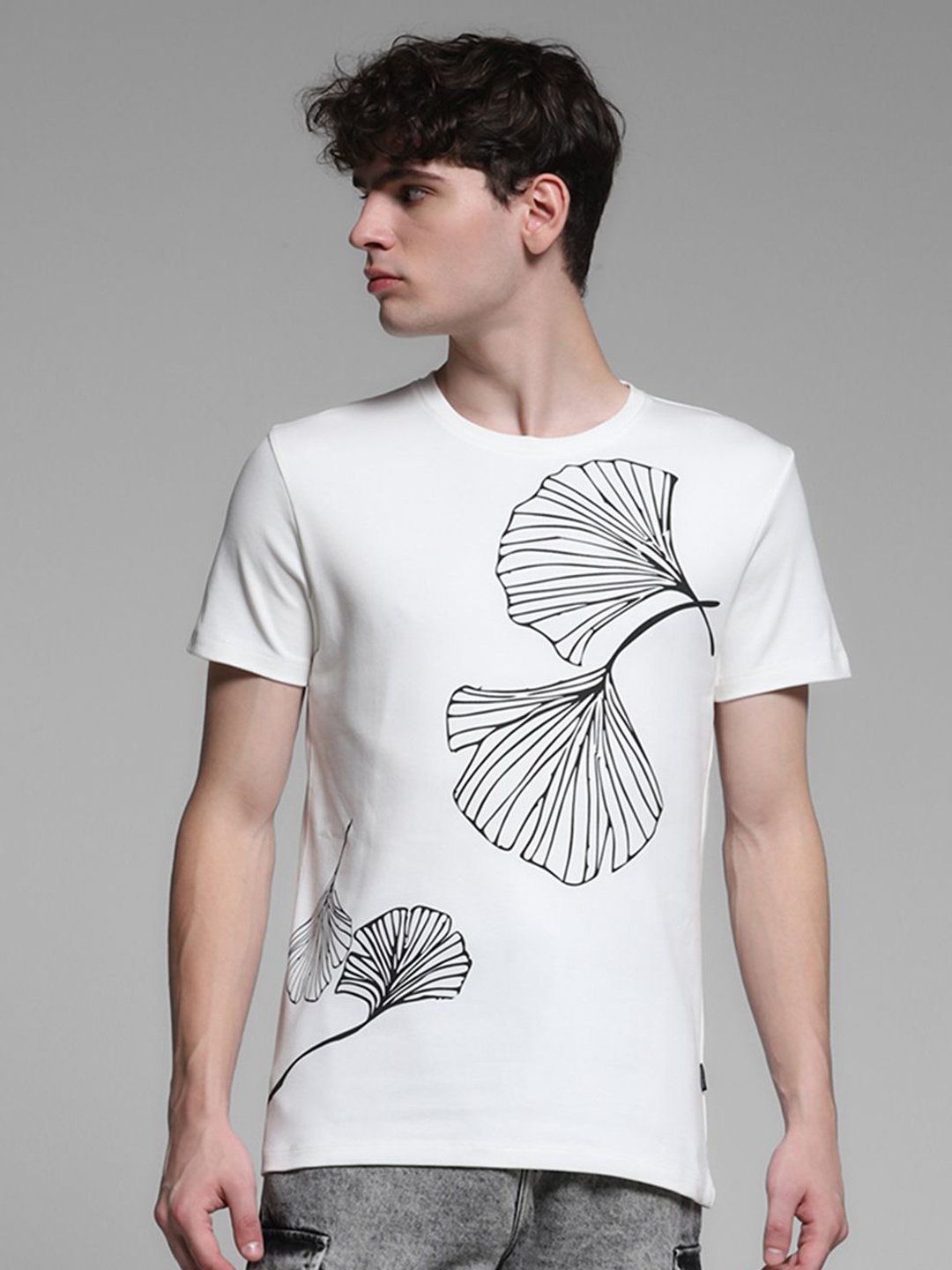 

Jack & Jones Men Floral Printed Round Neck Cotton T-shirt, White