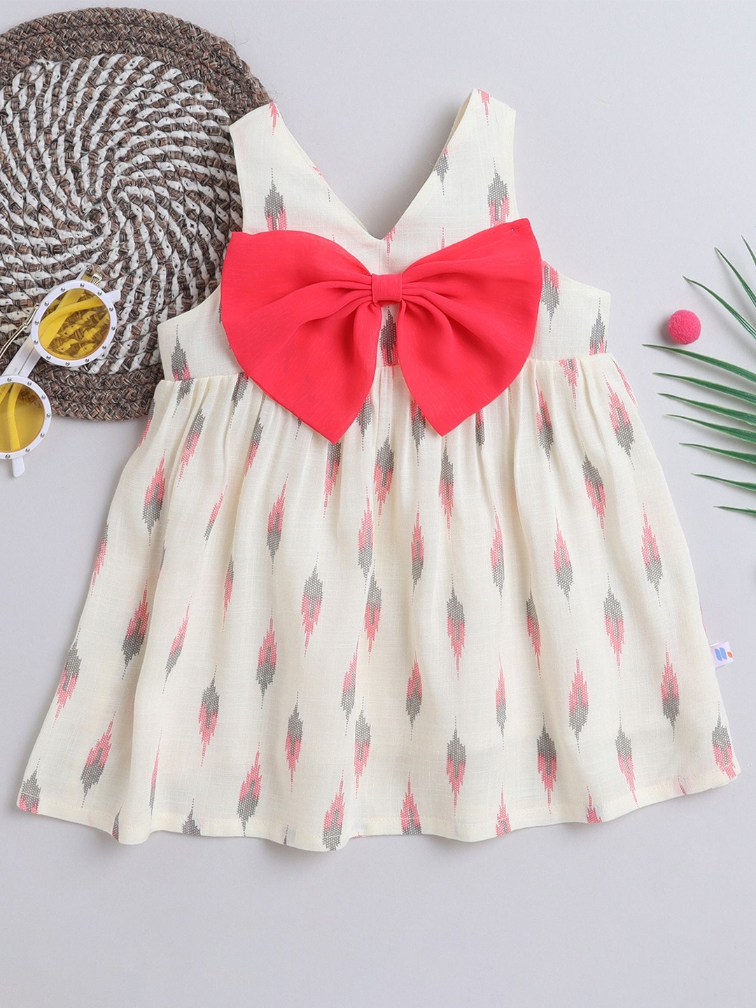 

MANY FROCKS & Girls V-Neck Pure Cotton Bow Detailed Fit & Flare Mini Dress, Cream