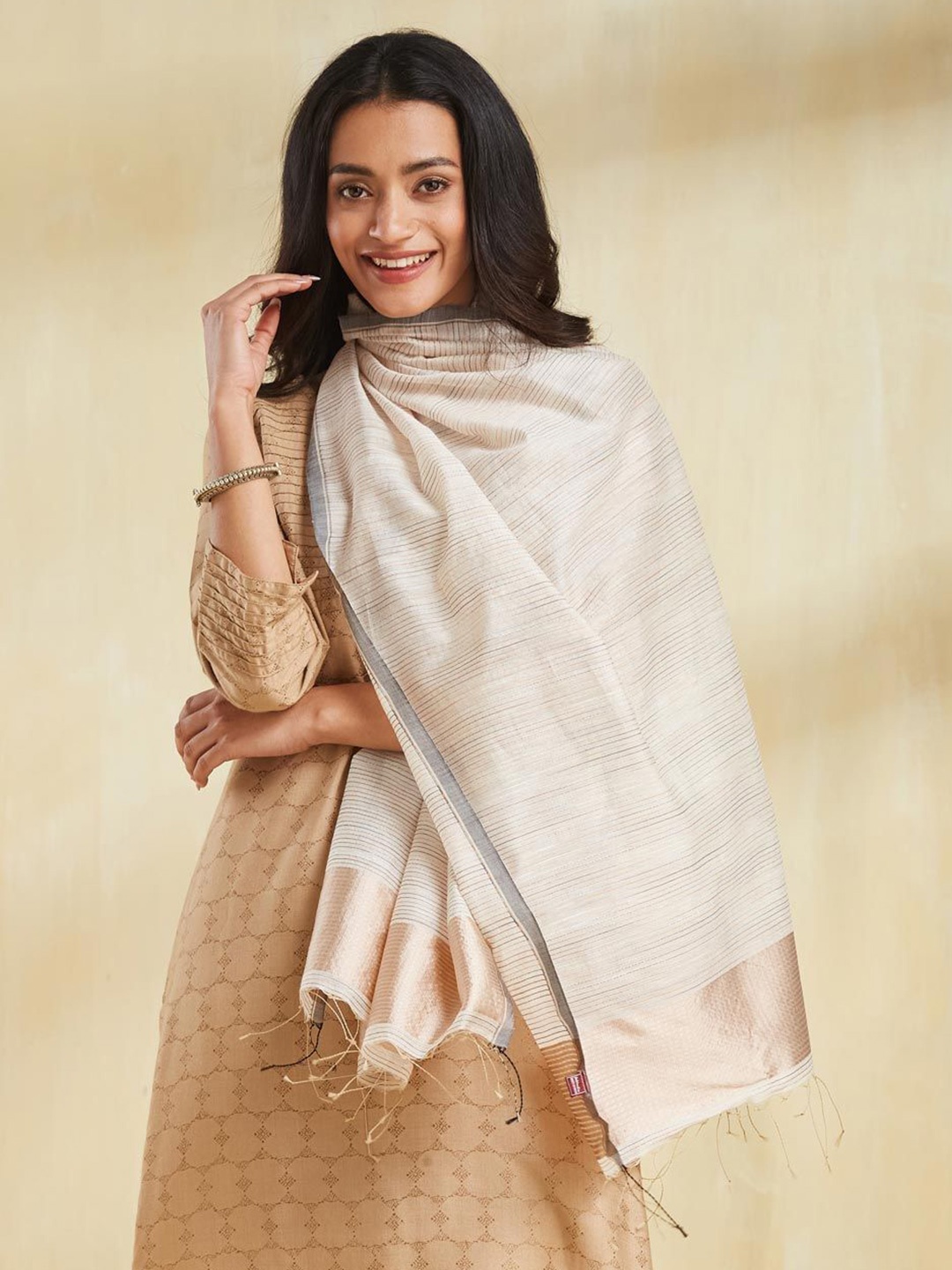 

Fabindia Women Striped Stole, Beige