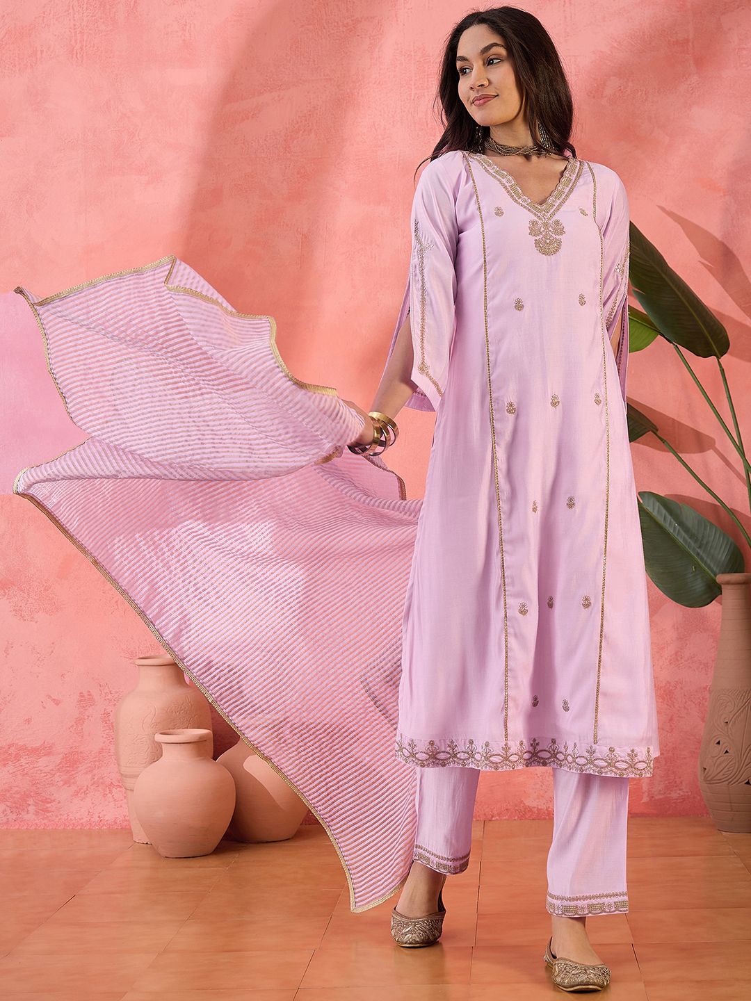 

Sangria Pink Floral Embroidered Sequnnied Straight Kurta With Trousers And Dupatta