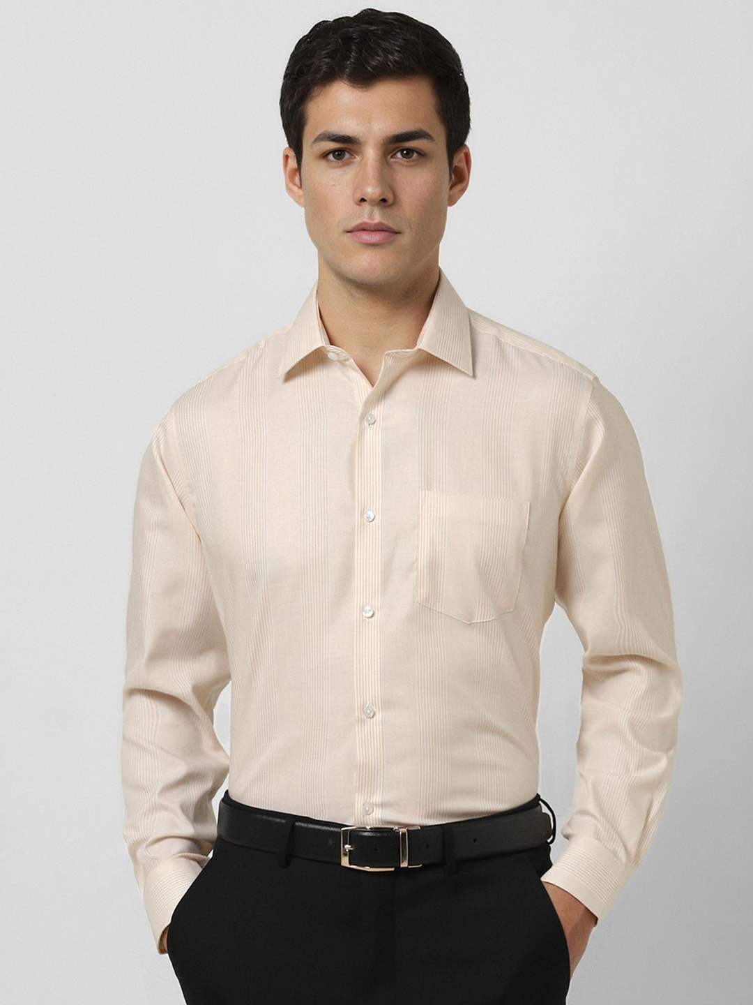 

Van Heusen Men Slim Fit Spread Collar Vertical Striped Cotton Formal Shirt, Beige