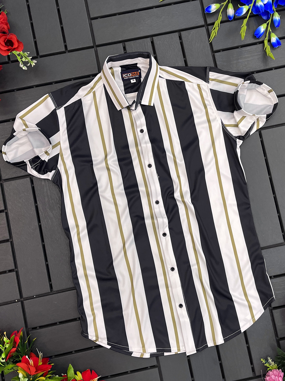 

iCome Men Spread Collar Vertical Striped Cotton Linen Casual Shirt, White