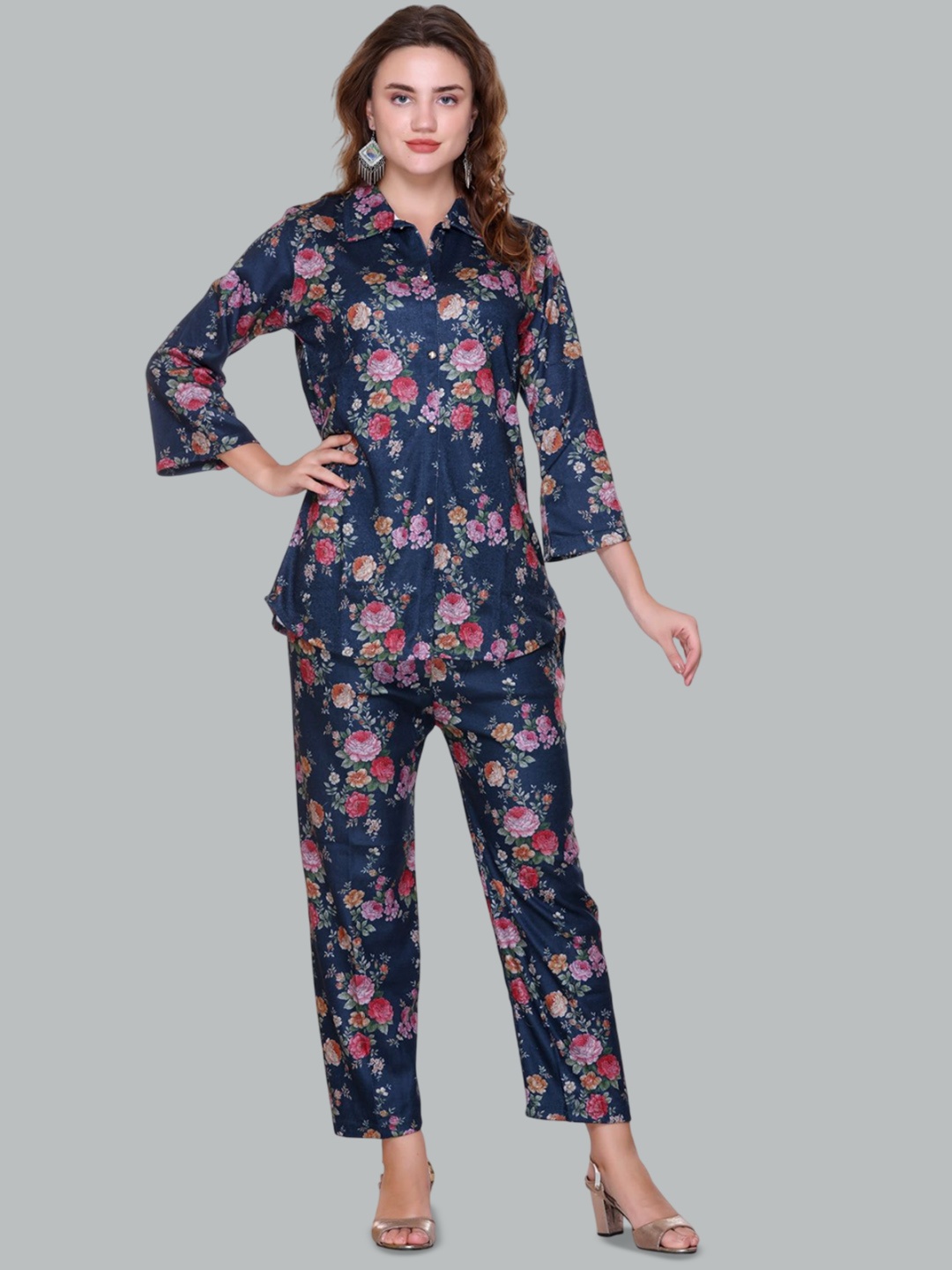 

Pink Berry Floral Printed Shirt Collar Three Quater Sleeves Shirt With Trousers, Blue