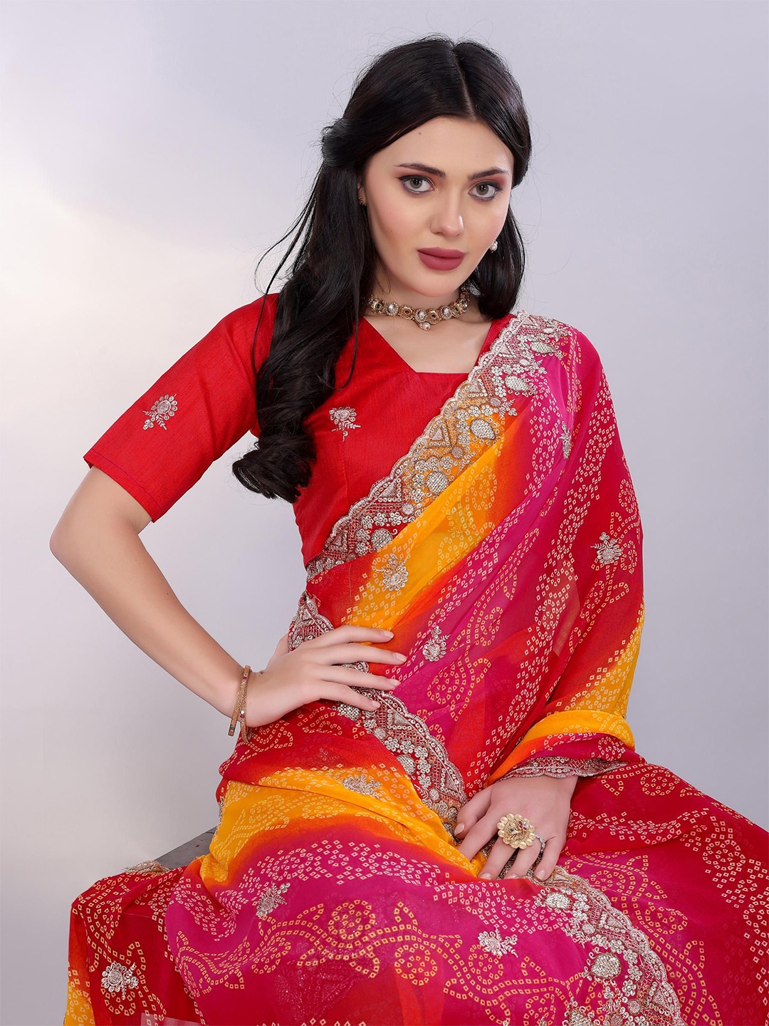 

HERE&NOW Bandhani Embroidered Designer Bandhani Saree, Pink