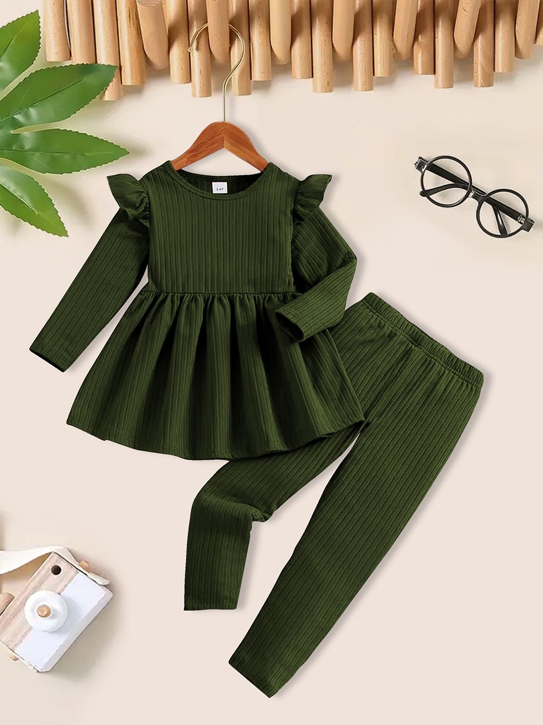 

YK Girls Round Neck Top with Trouser, Olive