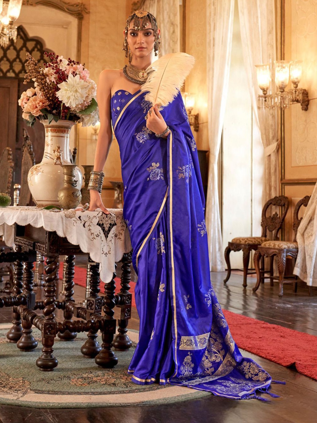 

ODETTE Royal Blue Silk Blend Woven Saree With Unstitched Blouse For Women