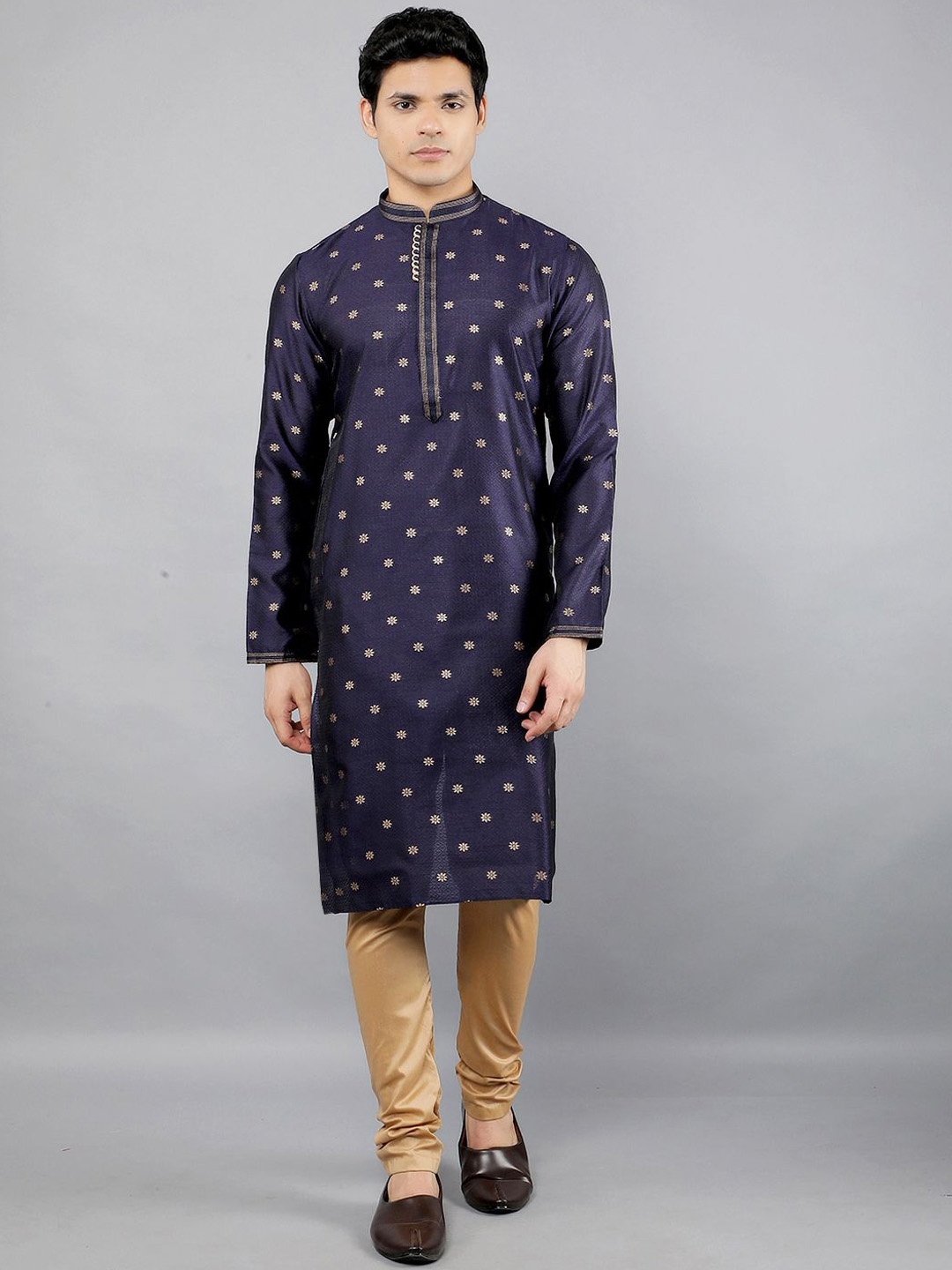 

Manish Creations Floral Woven Design Mandarin Collar Jacquard Straight Kurta With Churidar, Navy blue