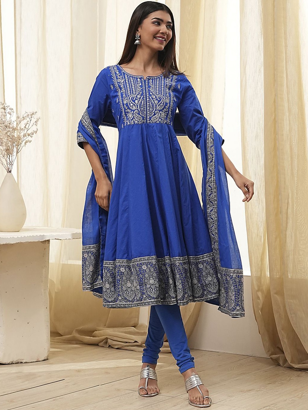 

Biba Paisley Printed Sequinned Pure Cotton Anarkali Kurta With Churidar And Dupatta, Blue