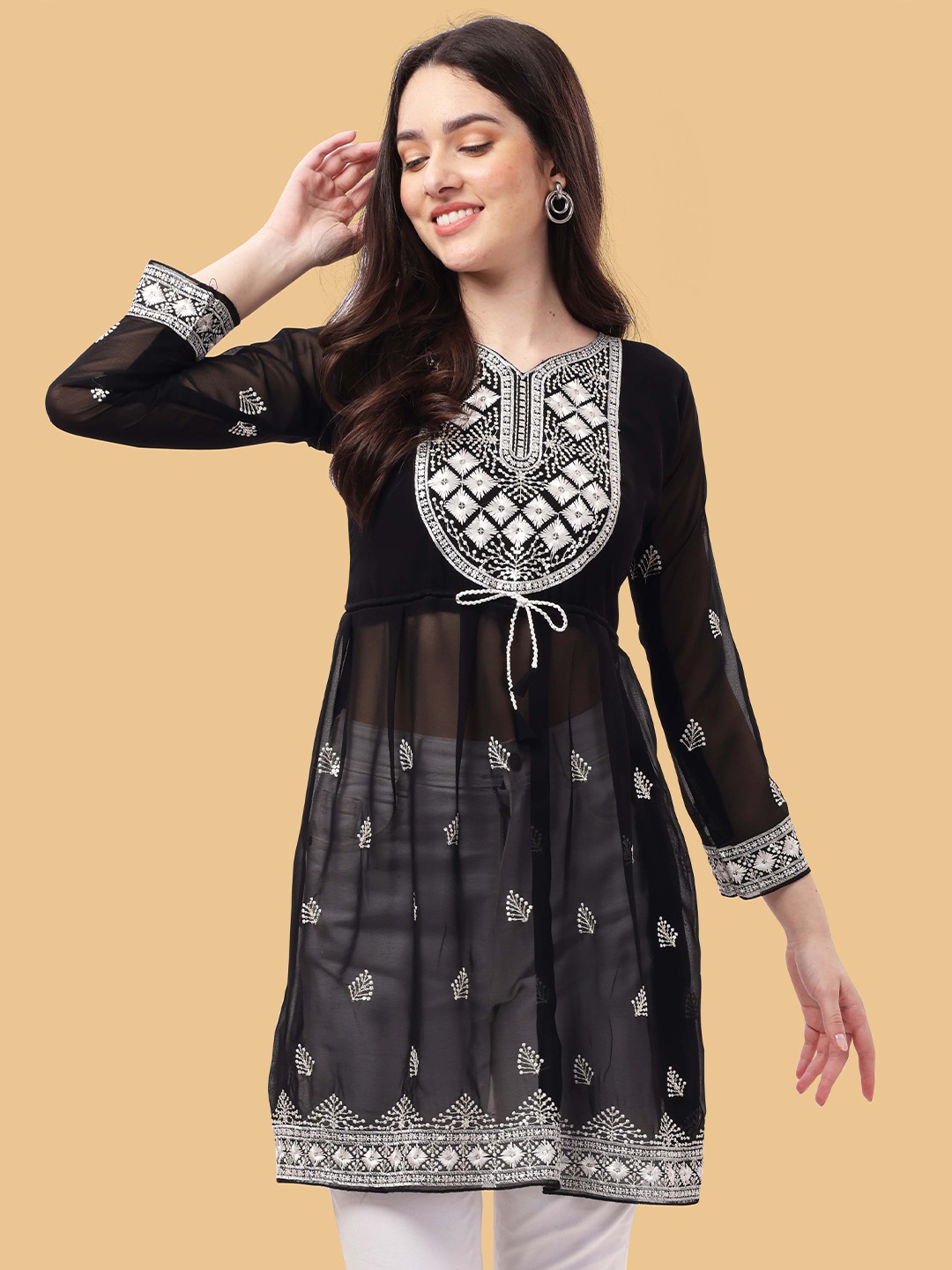 

Moda Rapido Ethnic Motifs Embroidered Sequinned Pure Georgette Sequinned Kurti, Black