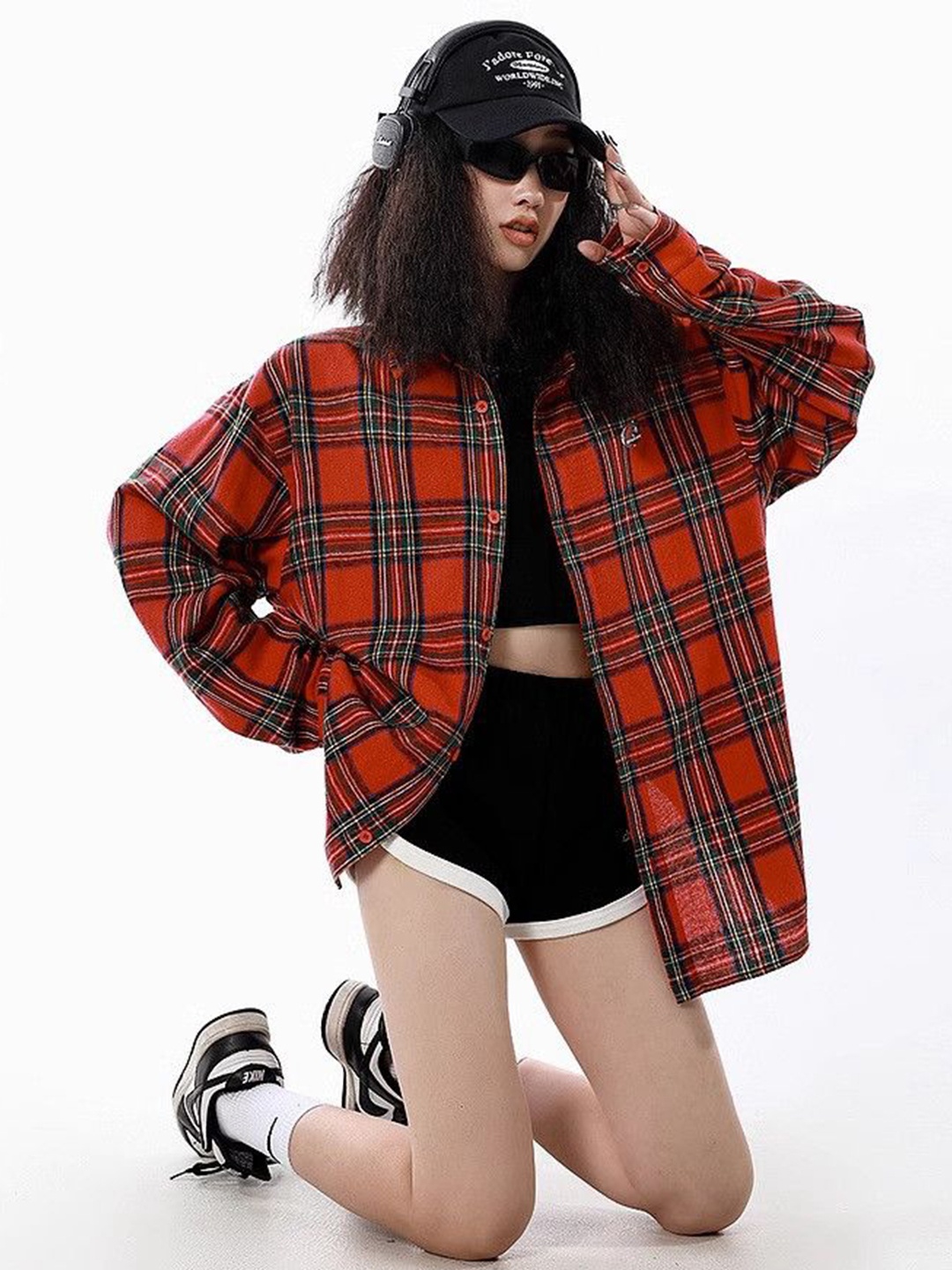 

DressBerry Checked Long Sleeve Shirt Collar Top, Red