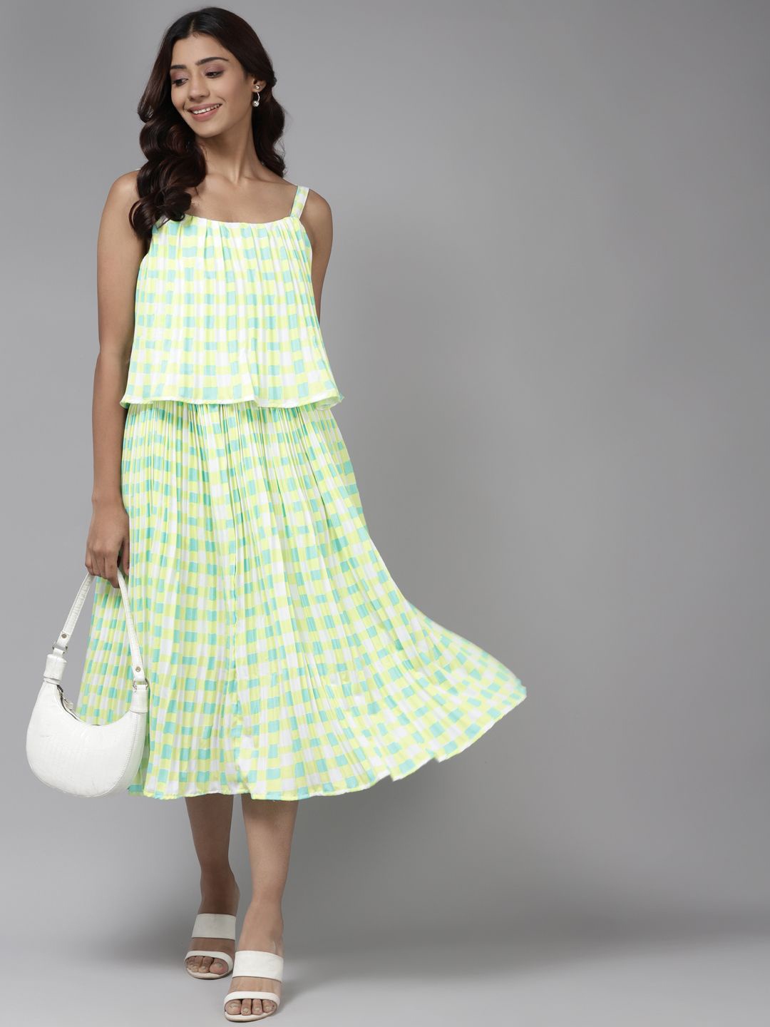 

CORSICA Checked Georgette A-Line Midi Dress, Green