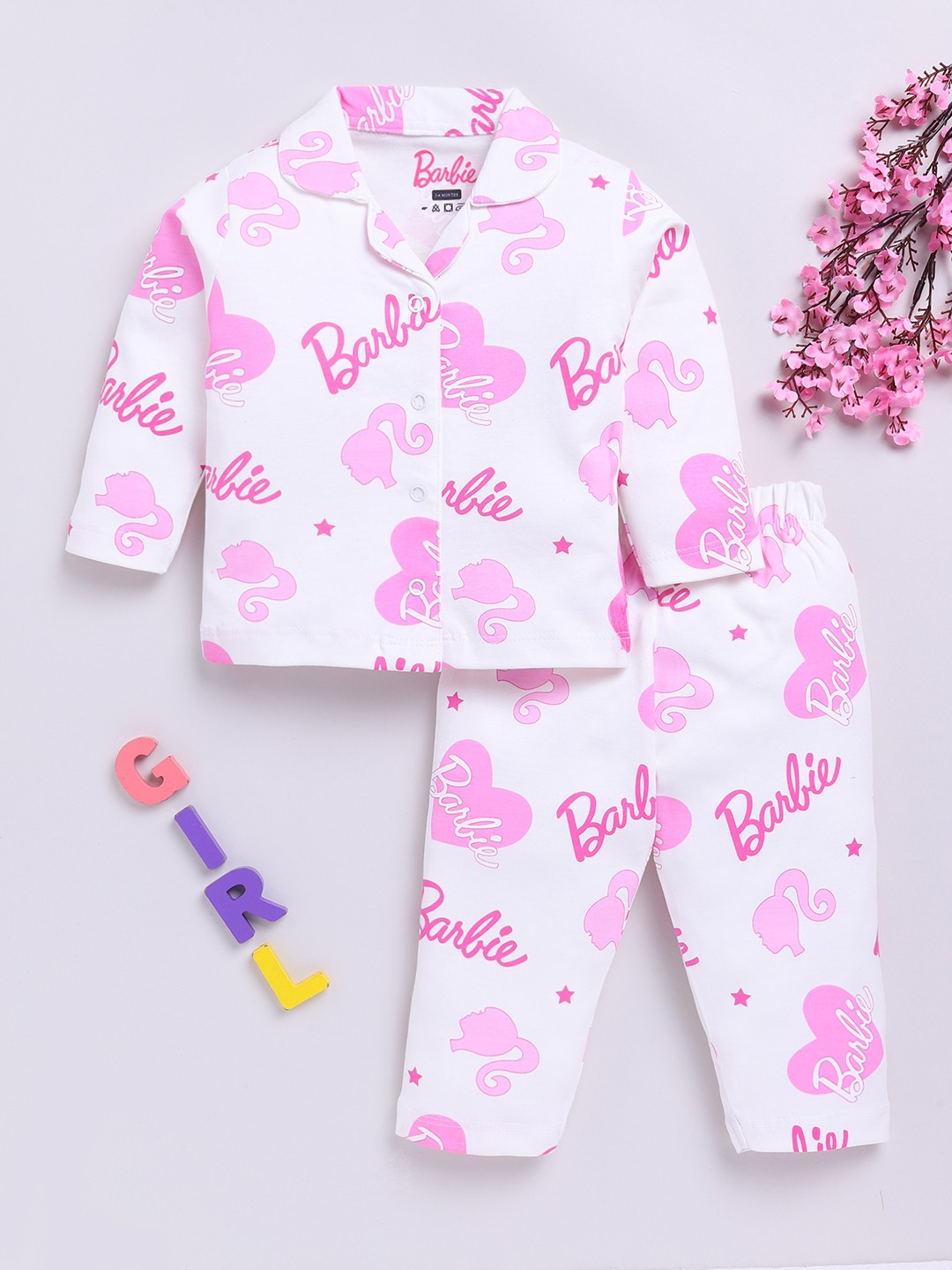 

YK X Tinyo Infant Girls Barbie Printed Pure Cotton Night suit, White