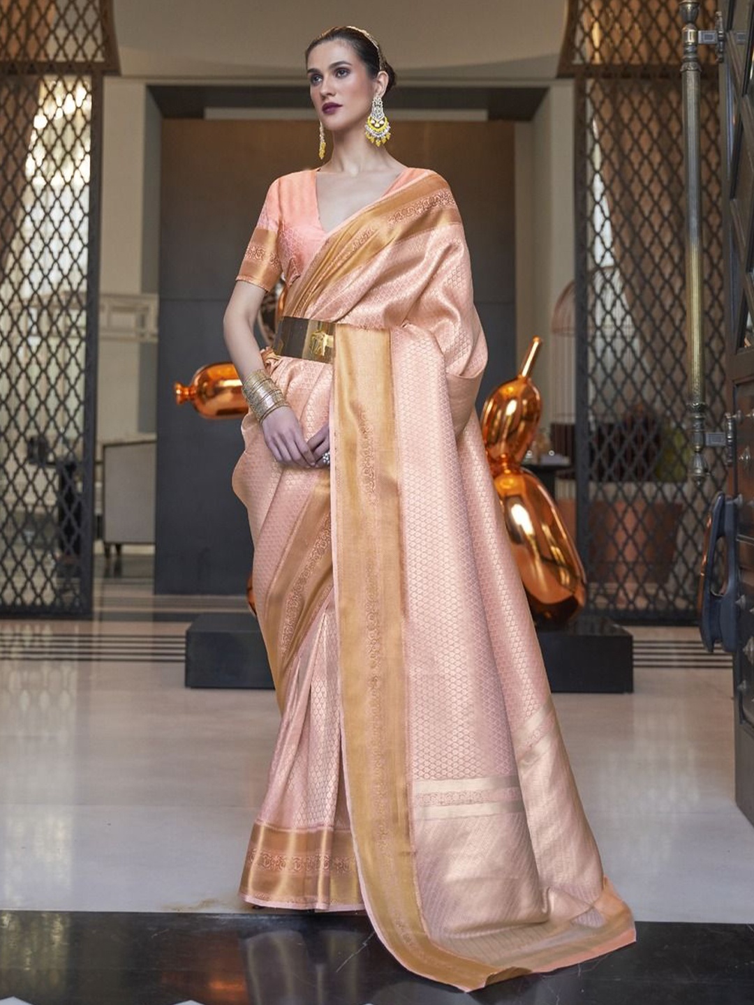 

Anouk Woven Design Zari Silk Blend Banarasi Saree, Peach