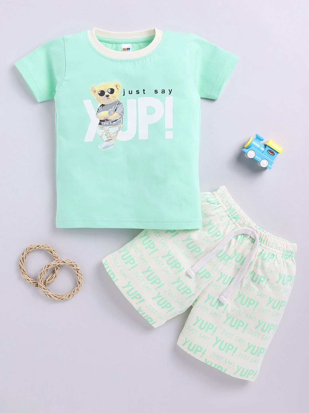

LITTLE NINJA Boys Printed Round Neck Pure Cotton T-Shirt With Shorts, Green