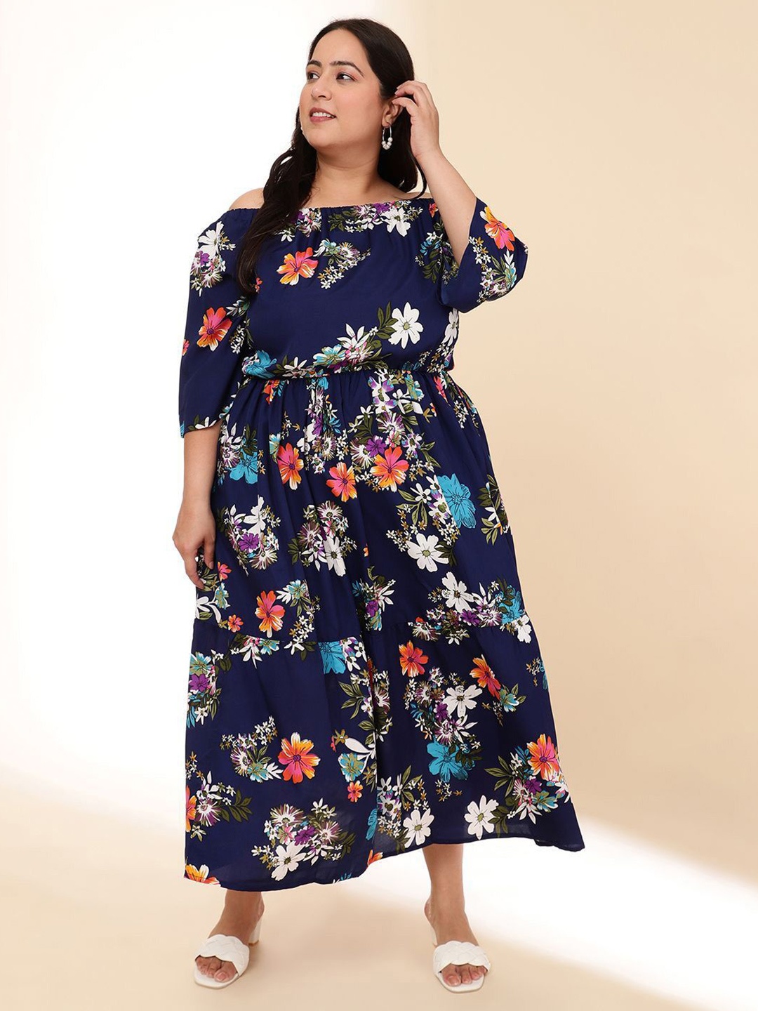 

DressBerry Curve Women Plus Size Floral Printed Off-Shoulder Fit & Flare Maxi Dress, Navy blue