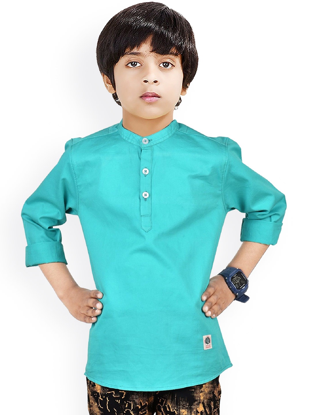 

MADE IN THE SHADE Boys Mandarin Collar Pure Cotton Short Kurta, Blue