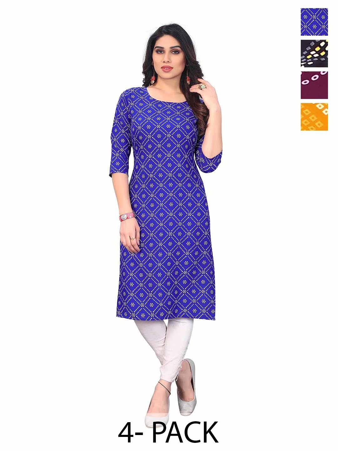 

KETAKI FASHION Selection Of 4 Ethnic Motifs Printed Round Neck Straight Kurtas, Blue