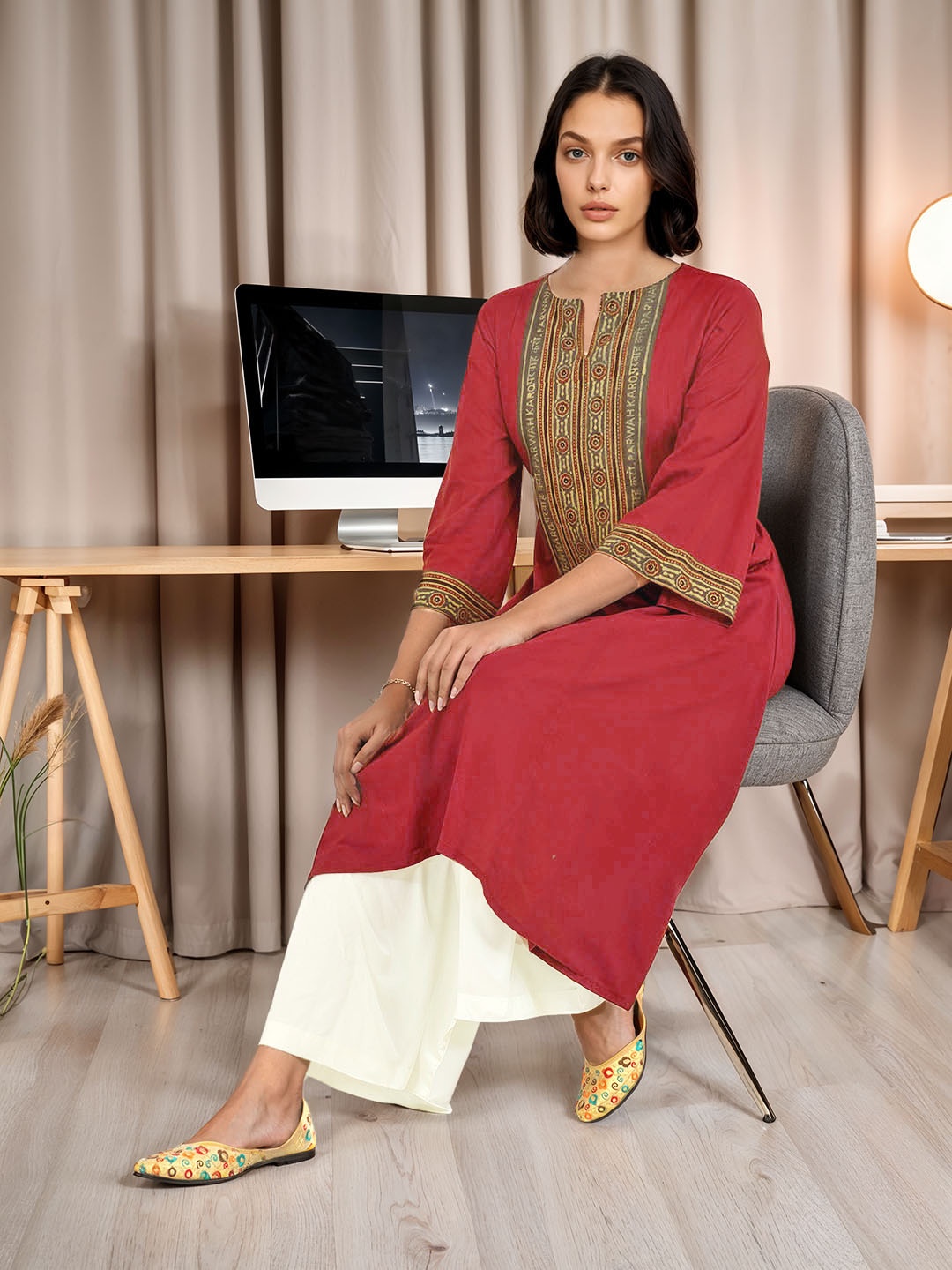 

Taavi Ajrakh Ethnic Motifs Yoke Design A-Line Pure Cotton Kurta, Maroon