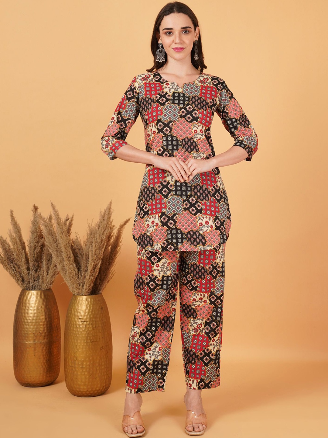 

GUDWEARS Floral Printed Notch Neck Pure Cotton Tunic With Trousers, Black