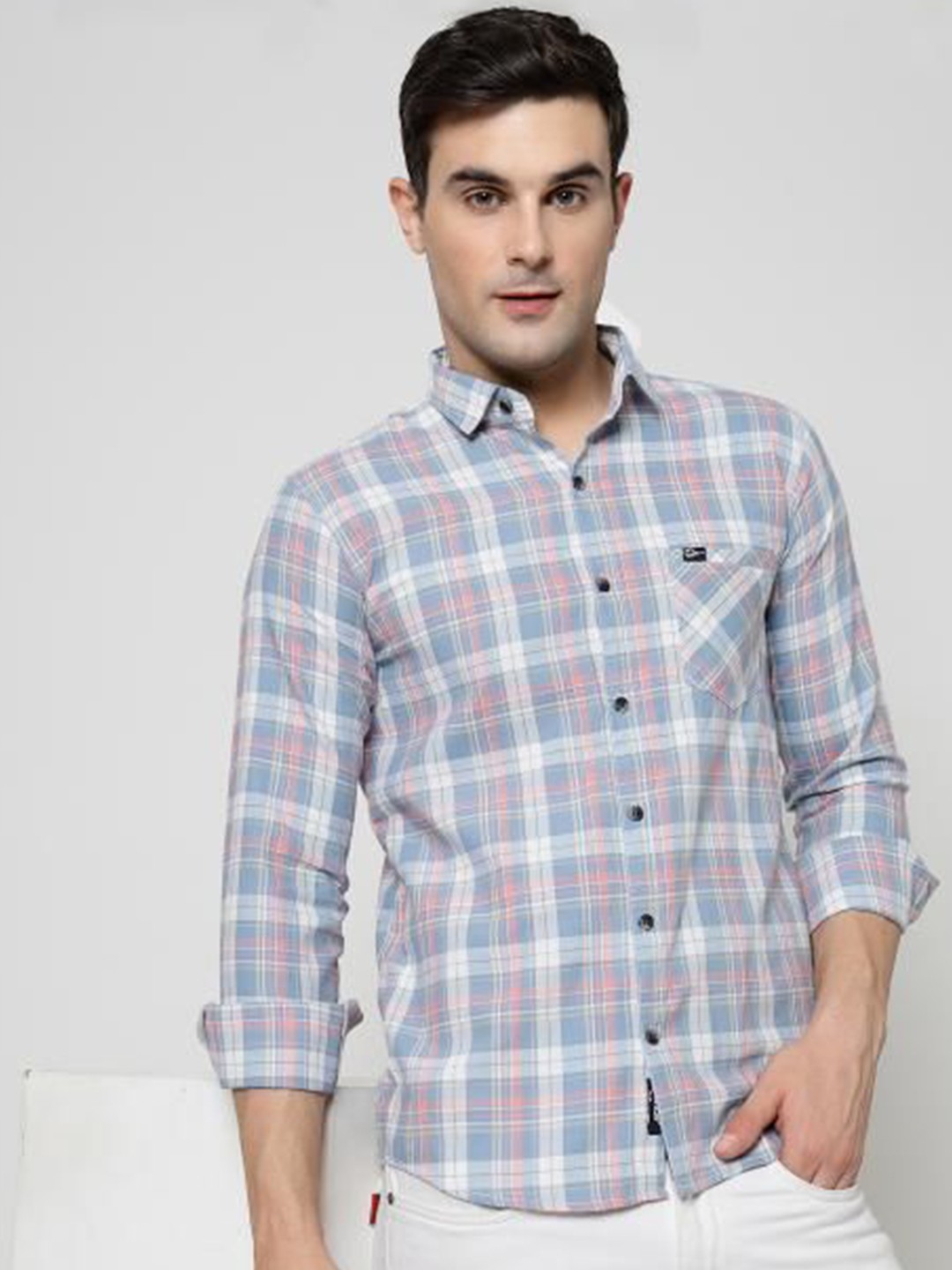

allan peter Men Classic Fit Spread Collar Checked Cotton Casual Shirt, White