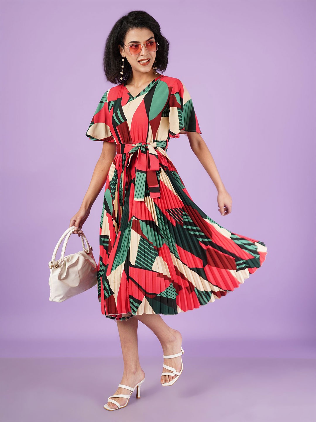 

ZWERLON Abstract Print Flared Sleeve A-Line Midi Dress Comes with a belt, Red