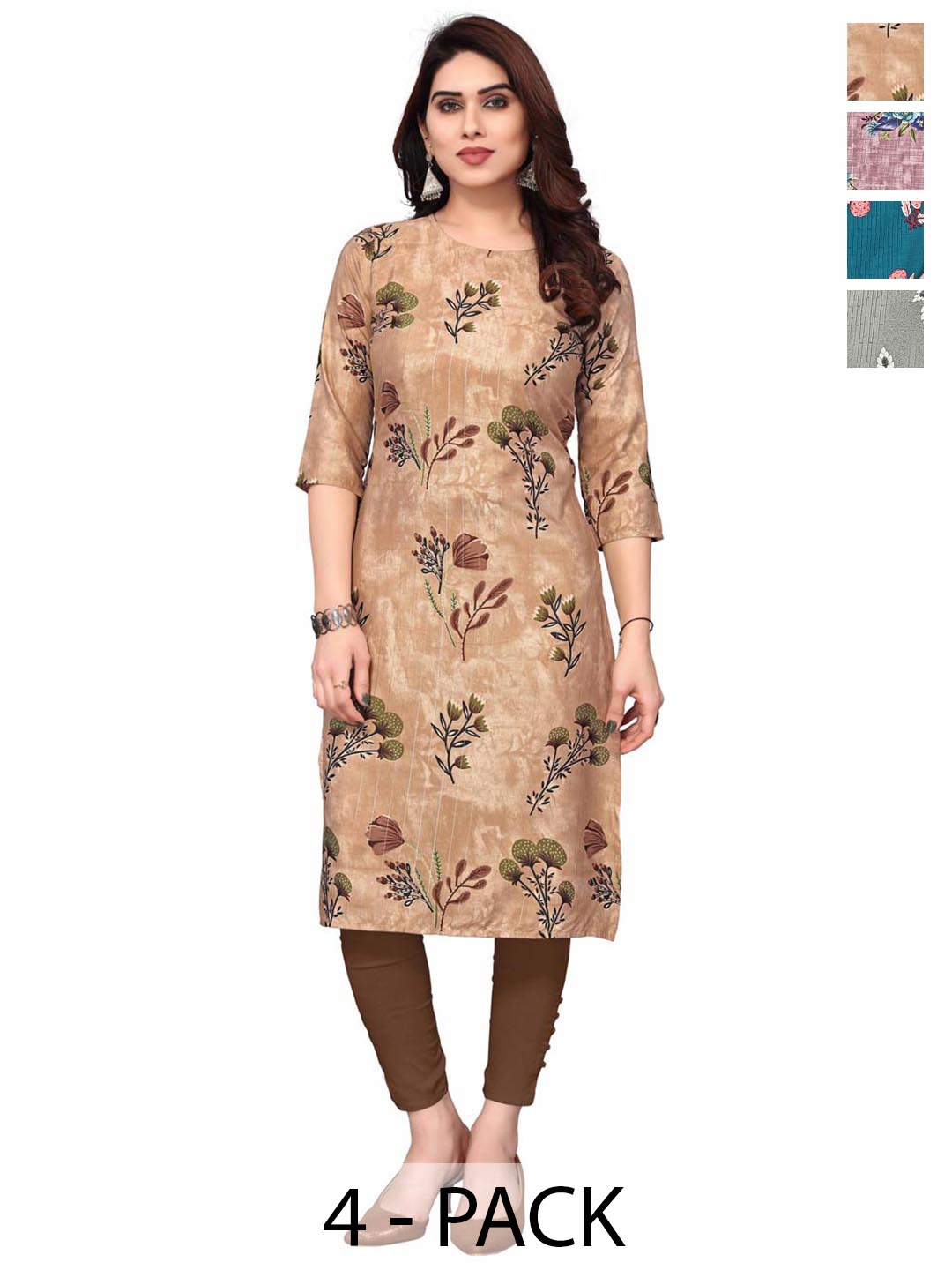 

KETAKI FASHION Selection Of 4 Floral Printed Round Neck Straight Kurtas, Beige