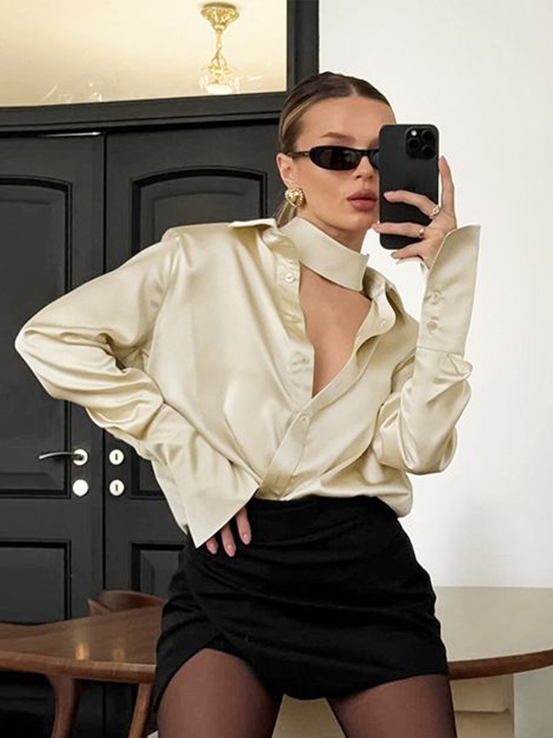 

MIAKEE Women Solid Shirt Collar Top, Champagne