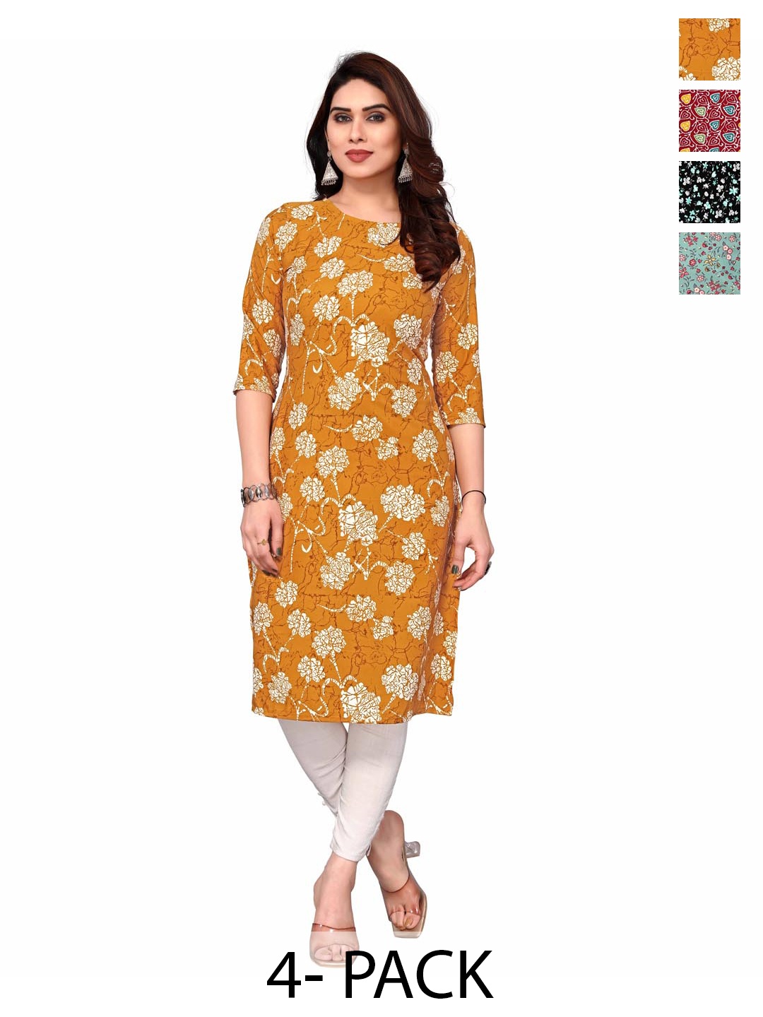 

KETAKI FASHION Selection Of 4 Floral Printed Round Neck Straight Kurtas, Mustard
