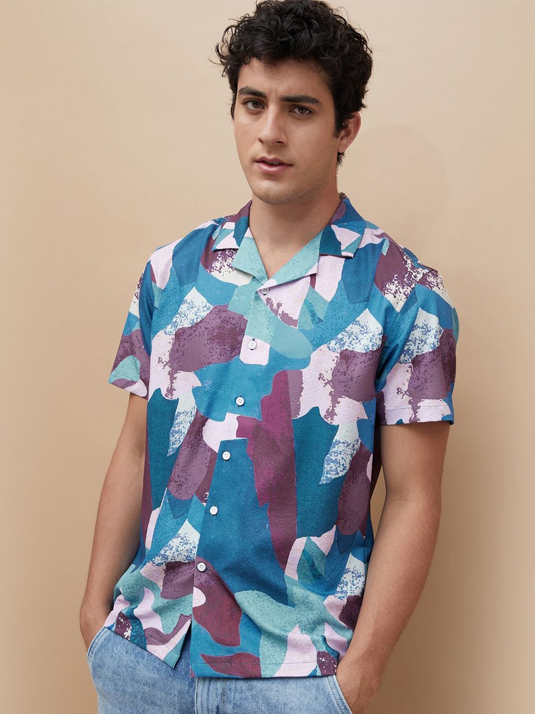 

Forca Men Cuban Collar Abstract Printed Cotton Casual Shirt, Blue