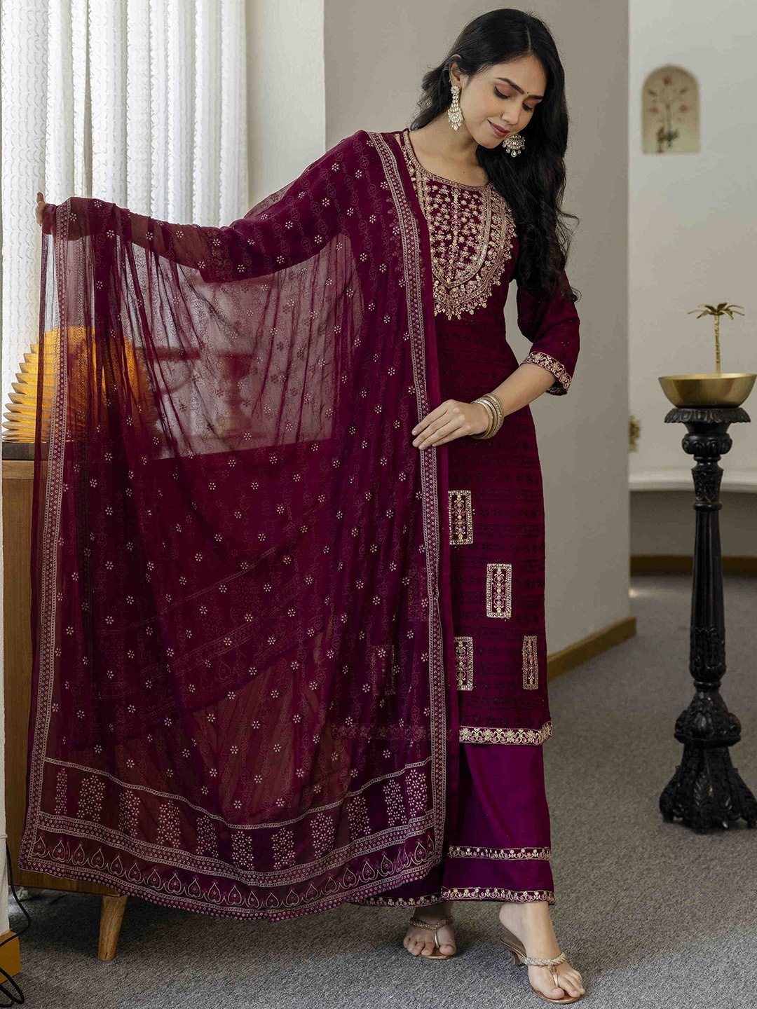 

Gauric creation Ethnic Motifs Printed Mirror Work Straight Kurta With Trousers And Dupatta, Maroon