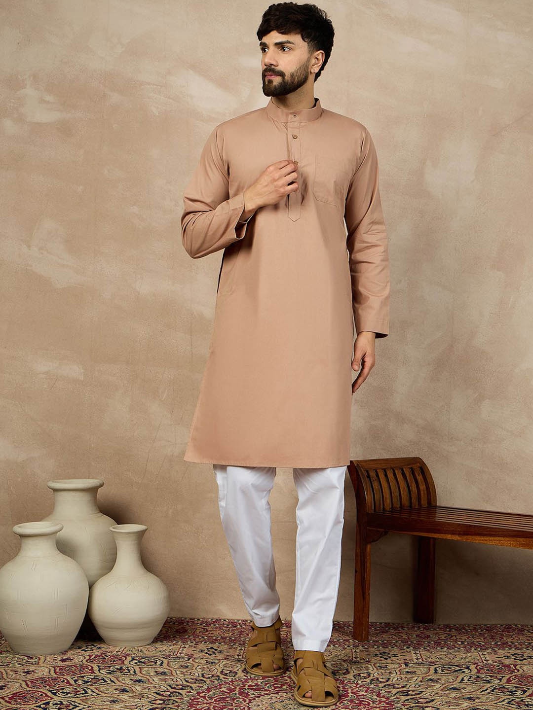 

NABIA Band Collar Pure Cotton Straight Kurta, Beige