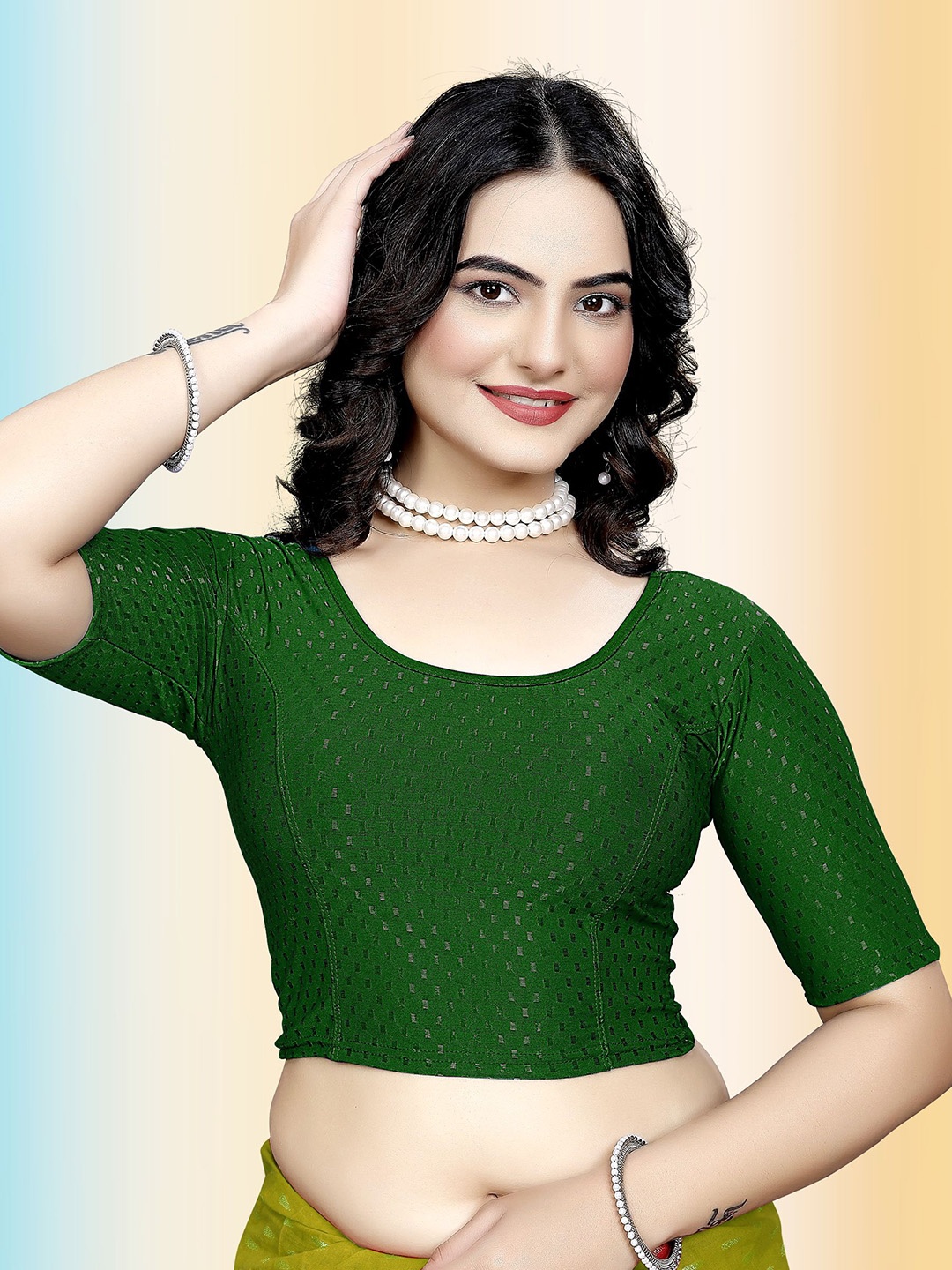 

TANISHM FEB TEX Embellished Round Neck Stretchable Saree Blouse, Green