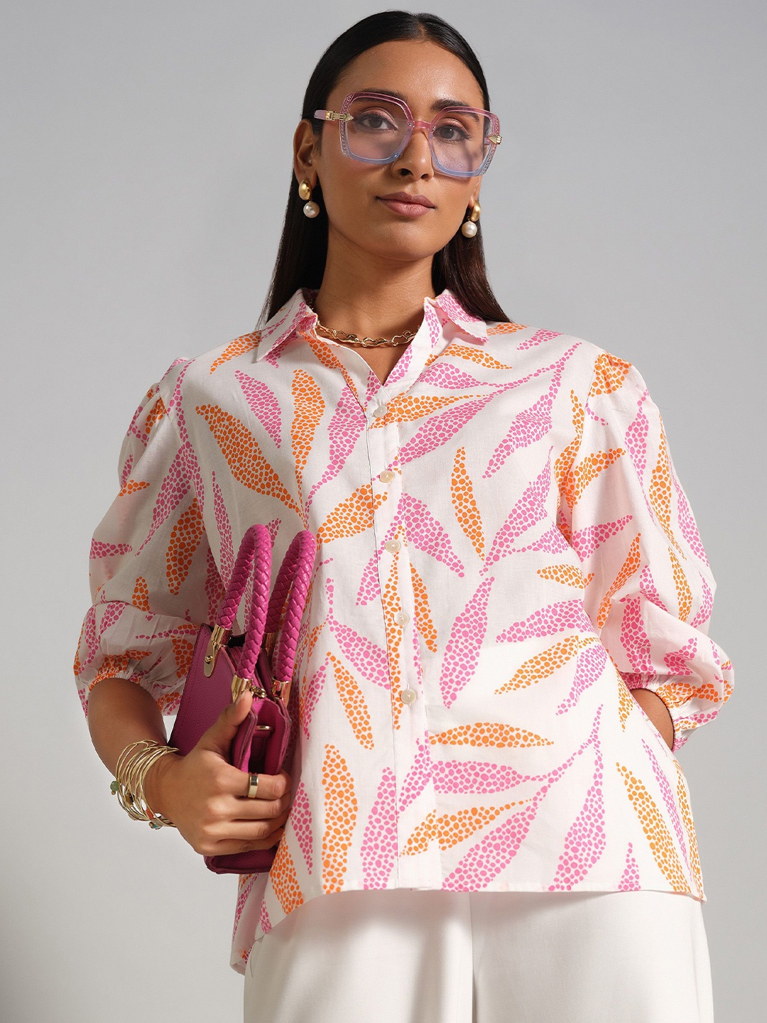 

AND Women Floral Printed Shirt Collar Cotton Top, White