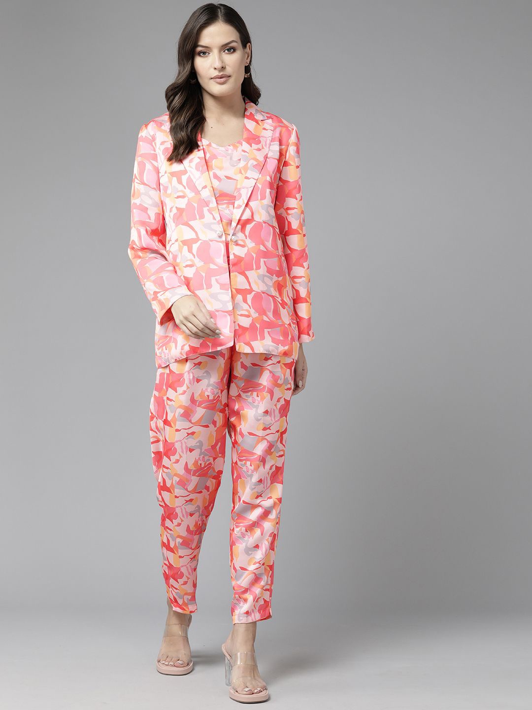 

CORSICA Abstract Printed Shoulder Strap Pure Silk Top & Trousers With Jacket, Orange
