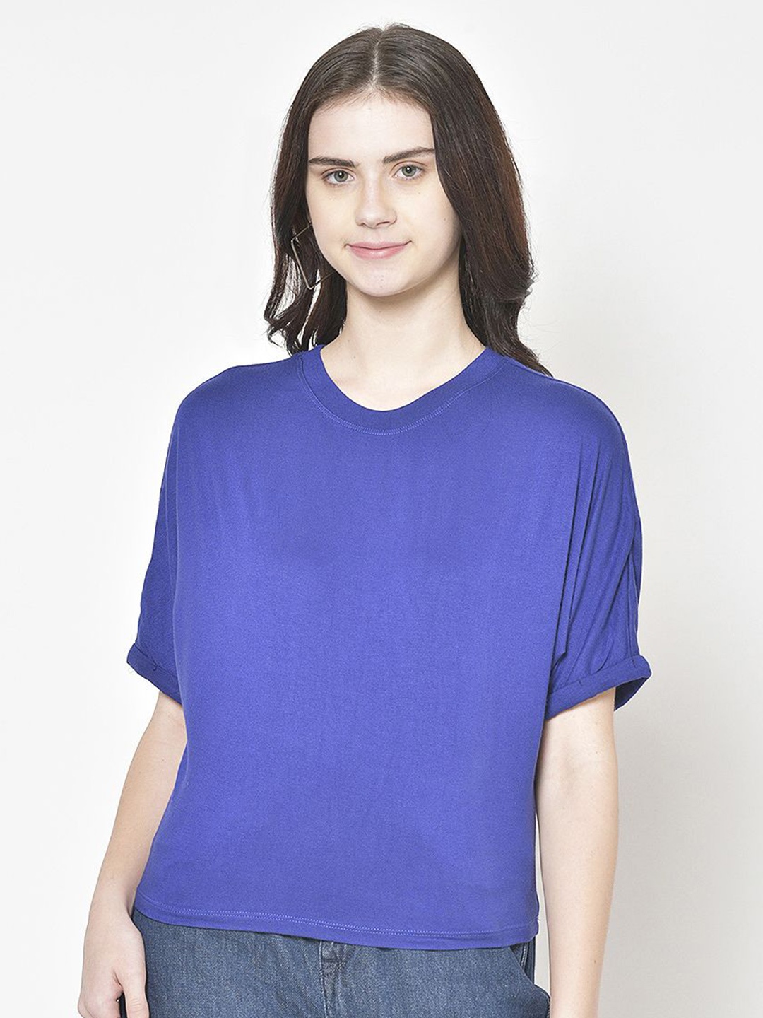 

Moda Rapido Women Solid Round Neck Cotton Top, Blue