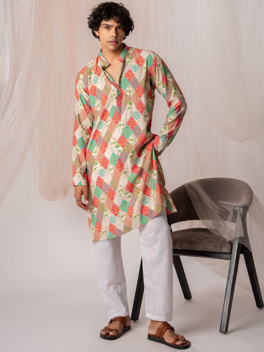 

5 Stitch Ethnic Motifs Printed Band Collar Straight Kurta With Pyjamas, Beige