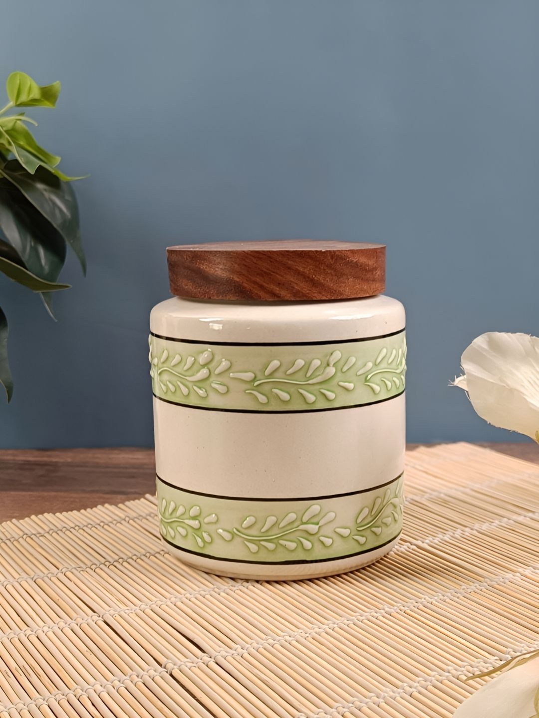 

Myntra Elegant Homes Green & White Textured Ceramic Jar Container 700ml With Wooden Lid